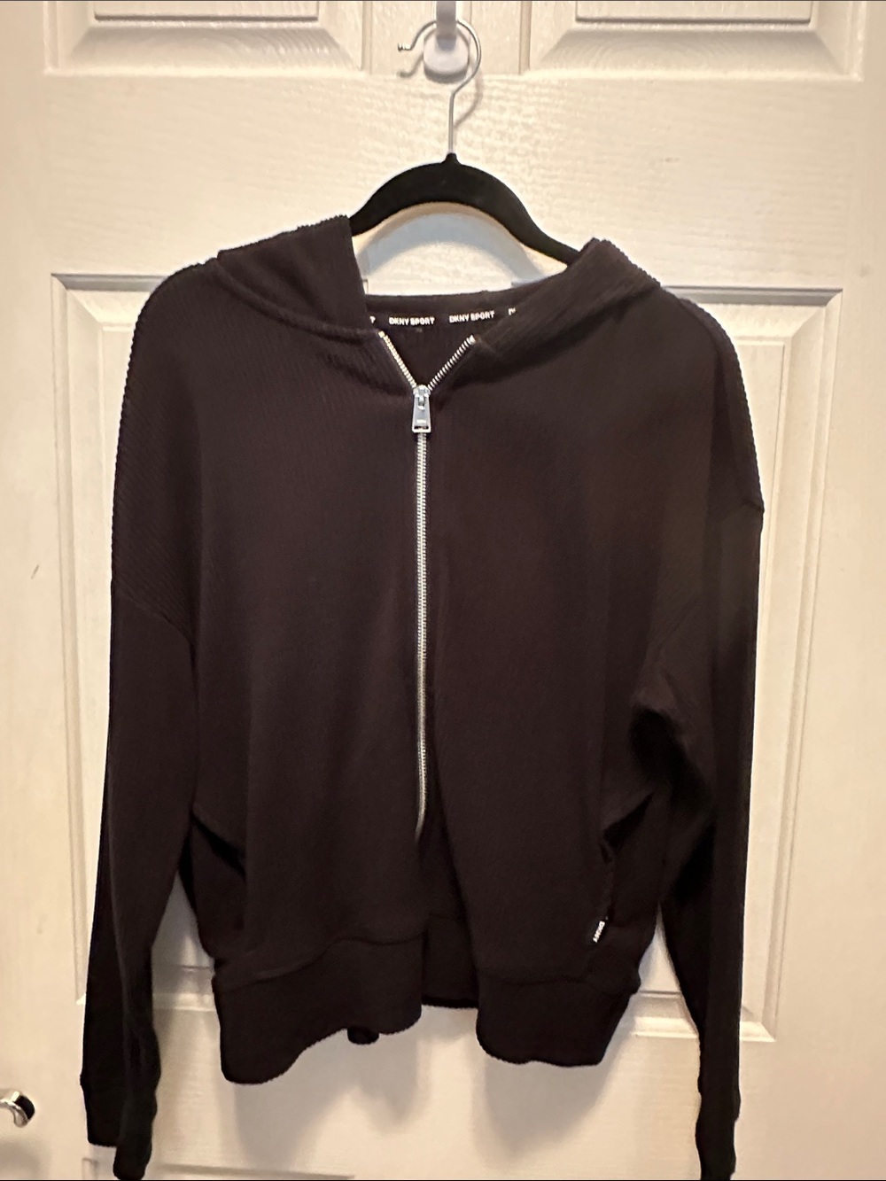 DKNY Black Zip-Up Hooded Ribbed Jacket Pockets